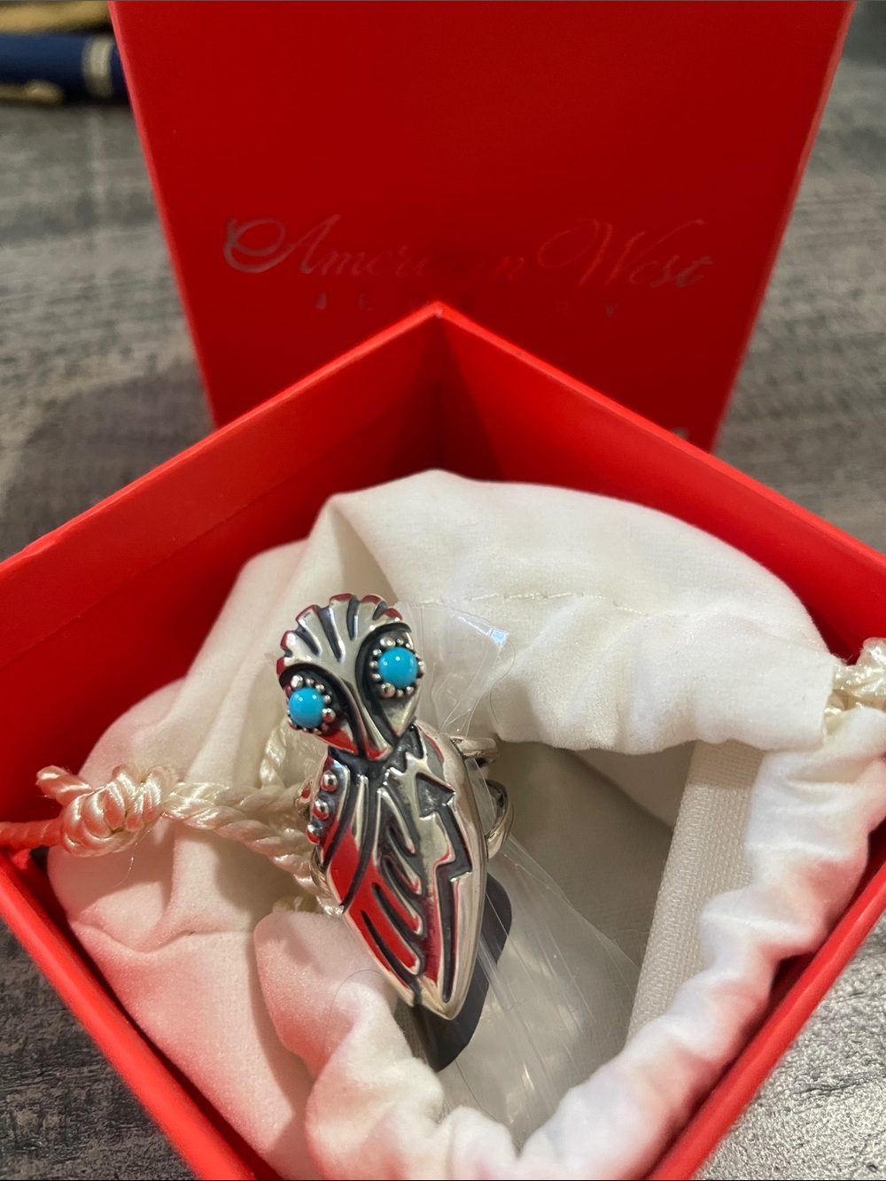 American West Relios Co. Owl sterling turquoise ring . Size 5